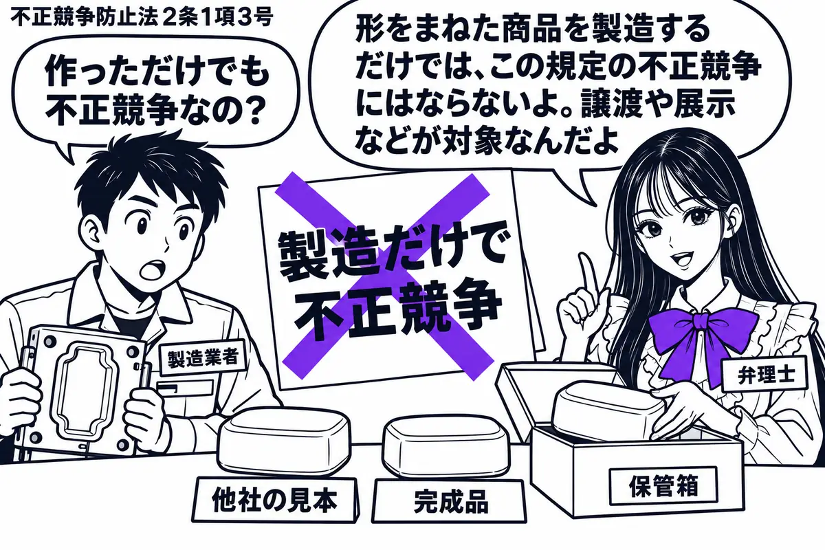 先生が右の作業台に立つ弁理士役(札「弁理士」)。左に成形道具を持つ男性(札「製造業者」)。台に他社の見本と形をまねた完成品を並べ、完成品は販売も展示もせず保管箱へ入れる。「製造だけで不正競争」の付箋にヴァイオレットの×印。先生の吹き出し「形