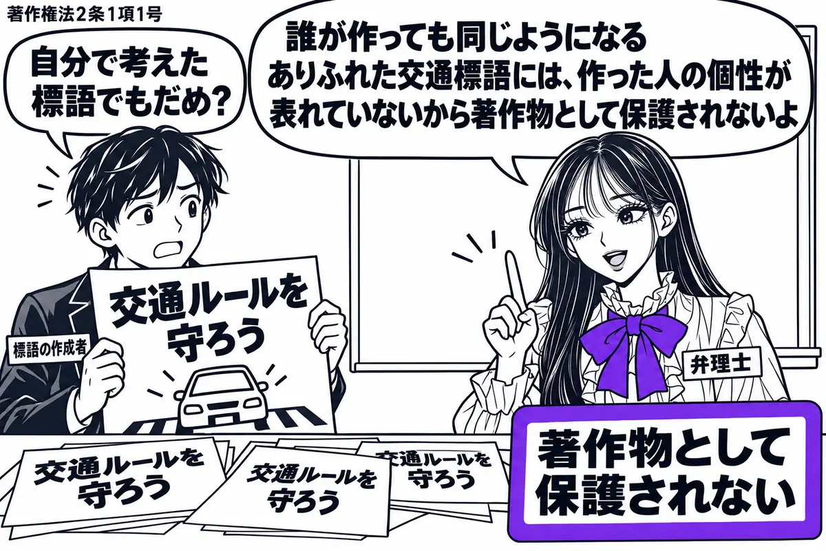 先生が弁理士役(札「弁理士」)で右の掲示板の前。左にポスターを持つ男性(札「標語の作成者」)。机には同じありふれた交通標語を載せた紙が重なり、その横の「著作物として保護されない」の付箋をヴァイオレットの枠で囲む。先生の吹き出し「誰が作っても