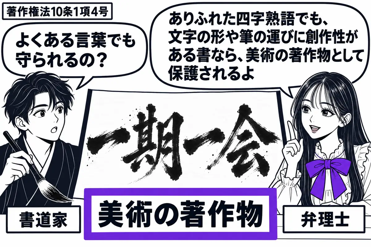 先生が右の机に立つ弁理士役(札「弁理士」)。左に筆を持った男性(札「書道家」)。中央に「一期一会」と書いた作品を広げ、かすれた筆跡や墨の濃淡、文字の伸びやかさを見せる。作品に添えた「美術の著作物」の札をヴァイオレットの枠で囲む。先生の吹き出
