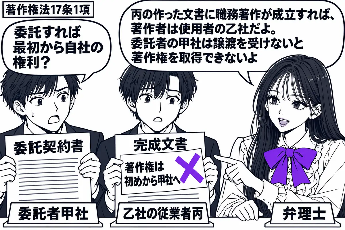 先生が弁理士役（札「弁理士」）で右の机。左に委託契約書を持つ男性（札「委託者甲社」）、中央に完成文書を持つ男性（札「乙社の従業者丙」）。文書に貼った「著作権は初めから甲社へ」の付箋にヴァイオレットの×印。先生の吹き出し「丙の作った文書に職務