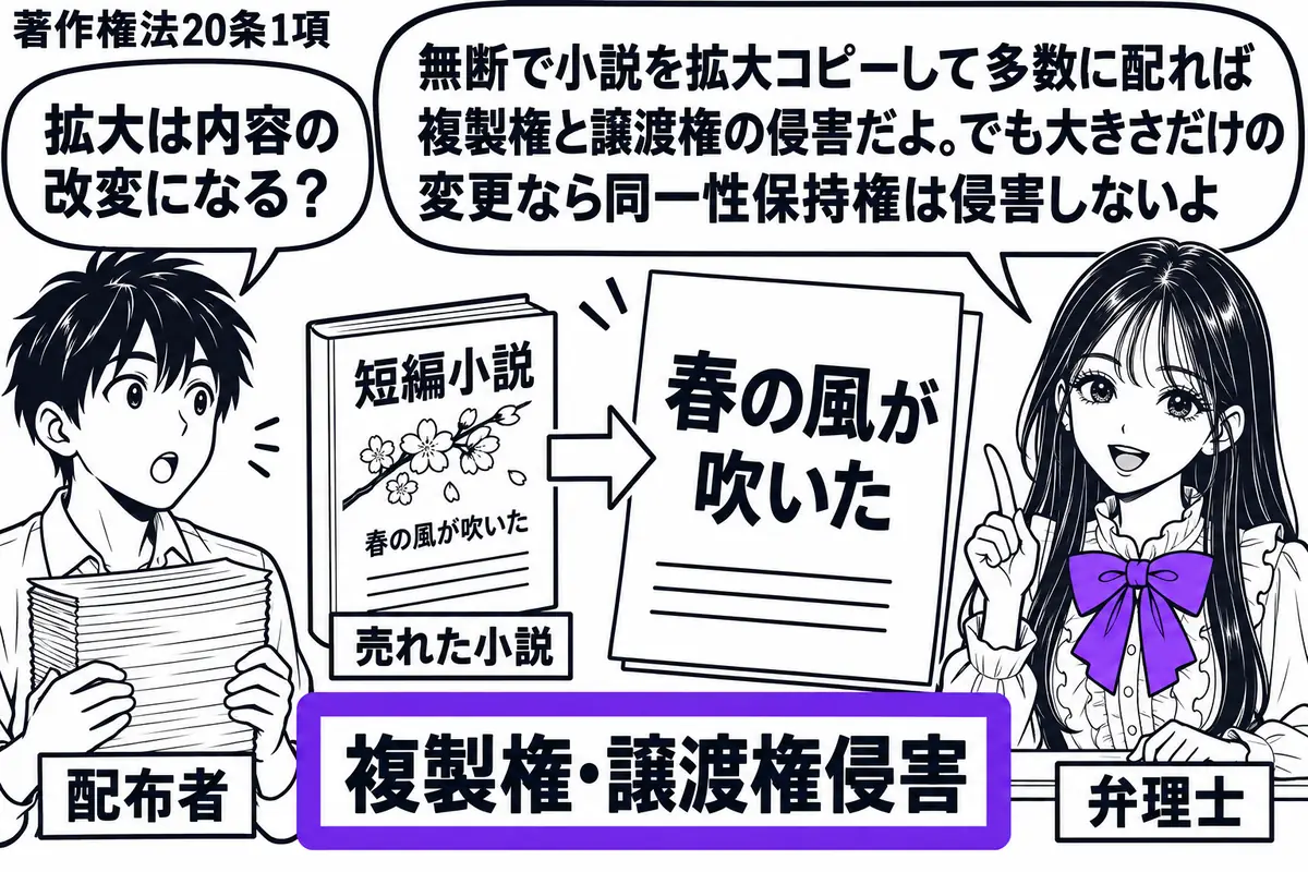 先生が弁理士役(札「弁理士」)で右の机。左に配布用の束を抱えた男性(札「配布者」)。中央に売れた短編小説と、文字だけを大きくした同内容のコピー。「複製権・譲渡権侵害」の付箋をヴァイオレットの枠で囲む。先生の吹き出し「無断で小説を拡大コピーし