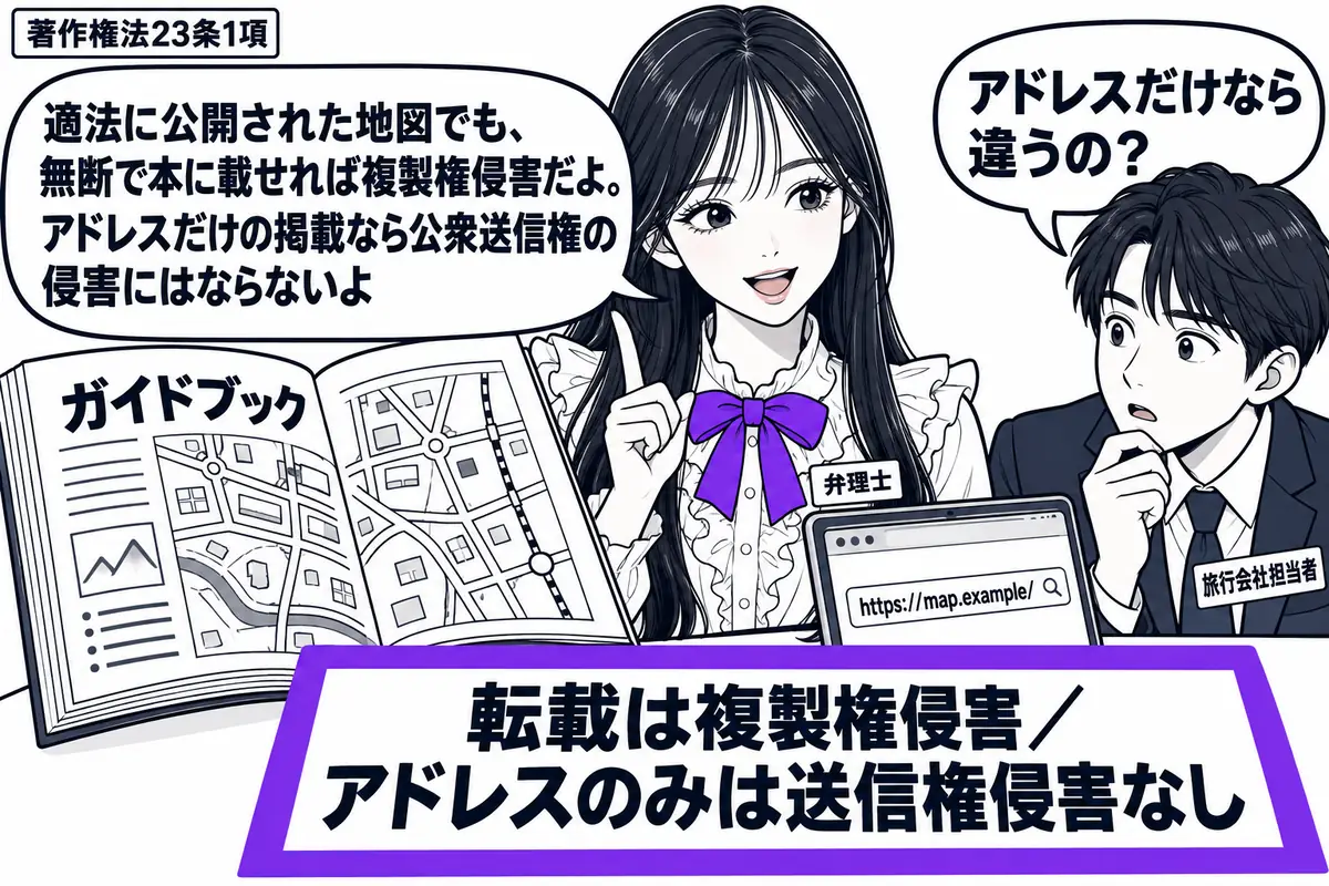 先生が中央に座る弁理士役(札「弁理士」)。左に地図入りの「ガイドブック」、右に地図サイトのアドレスだけを載せた端末。手前の男性(札「旅行会社担当者」)が両方を見比べる。机の判定票「転載は複製権侵害/アドレスのみは送信権侵害なし」をヴァイオレ