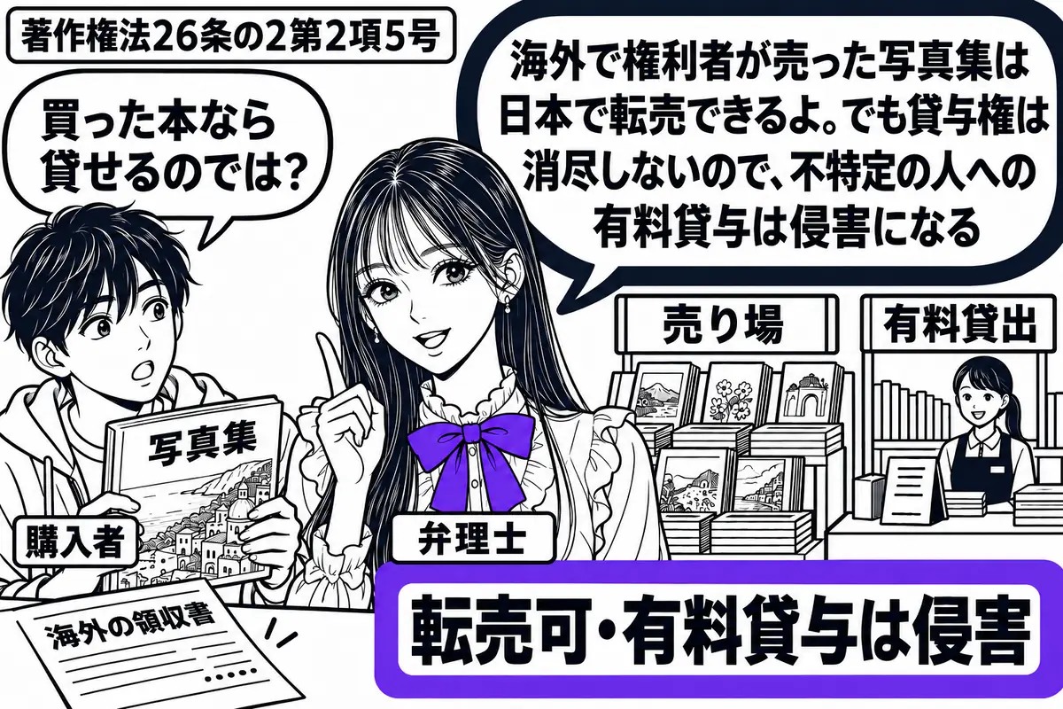 先生が中央で弁理士役（札「弁理士」）。左に海外で買った写真集を持つ男性（札「購入者」）、机に海外の領収書。右に売り場と有料貸出の受付を並べ、共通の札「転売可・有料貸与は侵害」をヴァイオレットの枠で囲む。先生の吹き出し「海外で権利者が売った写