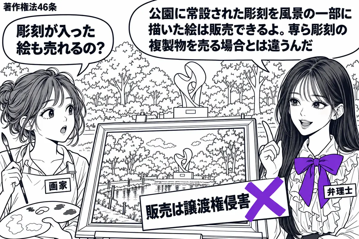 先生が右で弁理士役（札「弁理士」）。左に絵筆を持つ女性（札「画家」）。奥の公園に台座へ固定された彫刻があり、手前の売り物の風景画には木々と小さな彫刻を描く。絵に添えた付箋「販売は譲渡権侵害」にヴァイオレットの×印。先生の吹き出し「公園に常設