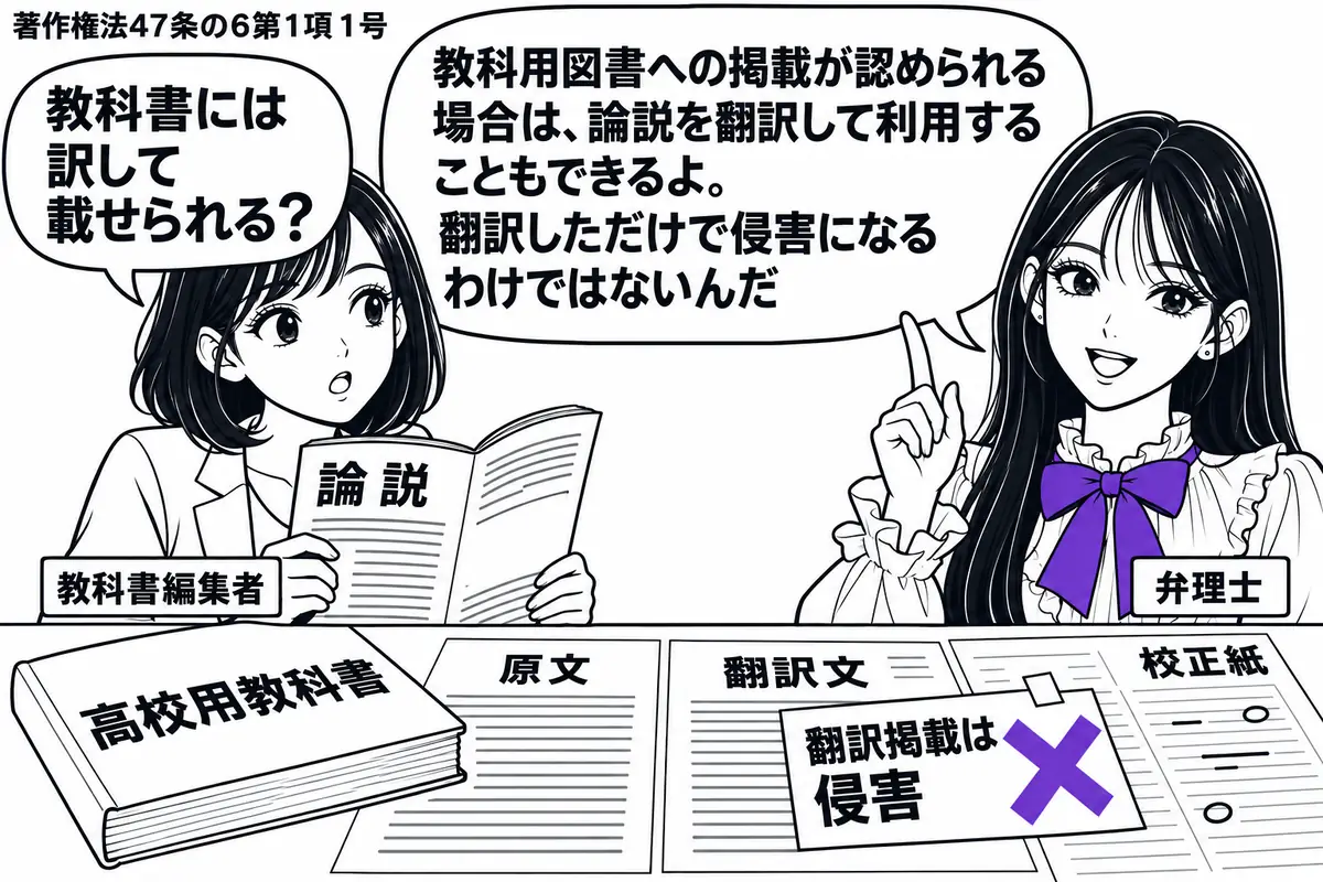 先生が右で弁理士役（札「弁理士」）。左に論説の掲載誌を持つ女性（札「教科書編集者」）、机に高校用教科書の校正紙。原文と翻訳文の紙を並べ、翻訳文の付箋「翻訳掲載は侵害」にヴァイオレットの×印。先生の吹き出し「教科用図書への掲載が認められる場合