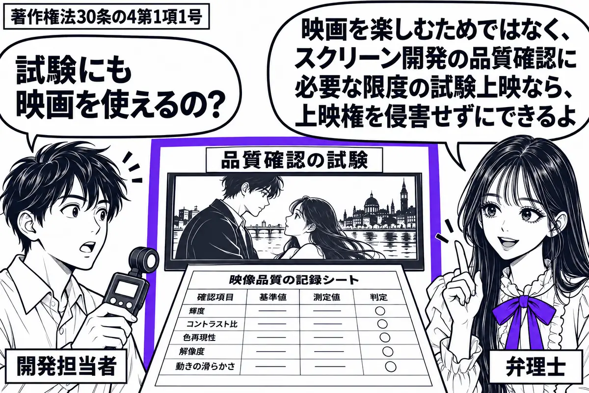先生が右で弁理士役（札「弁理士」）。左に測定器を持つ男性（札「開発担当者」）、中央に試作スクリーンと画質の記録用紙。映画の一場面を映した画面の脇に札「品質確認の試験」を置き、ヴァイオレットの枠で囲む。先生の吹き出し「映画を楽しむためではなく