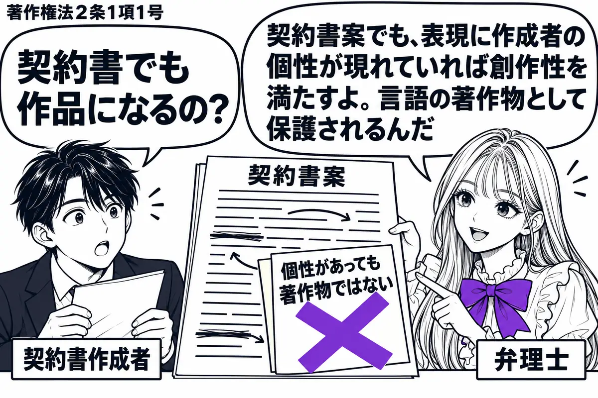先生が弁理士役(札「弁理士」)で机の右。左に原稿を持った男性(札「契約書作成者」)、中央に言い回しを練った跡のある「契約書案」。書類の付箋「個性があっても著作物ではない」に大きなヴァイオレットの×印。先生の吹き出し「契約書案でも、表現に作成