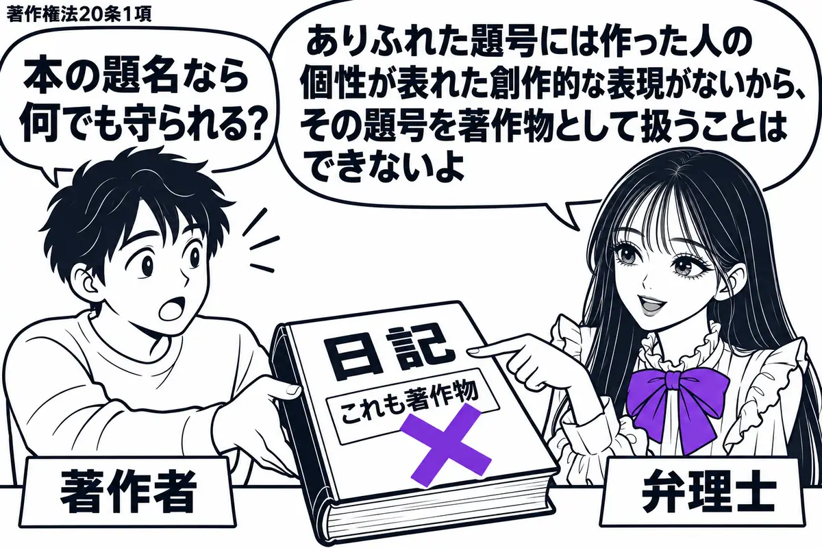 先生が相談机の右に立つ弁理士役(札「弁理士」)。左に本を差し出す男性(札「著作者」)。中央にありふれた題号「日記」の表紙を上向きに置く。表紙の題号に添えた「これも著作物」の付箋に大きなヴァイオレットの×印。先生は本の中身ではなく題号を指して
