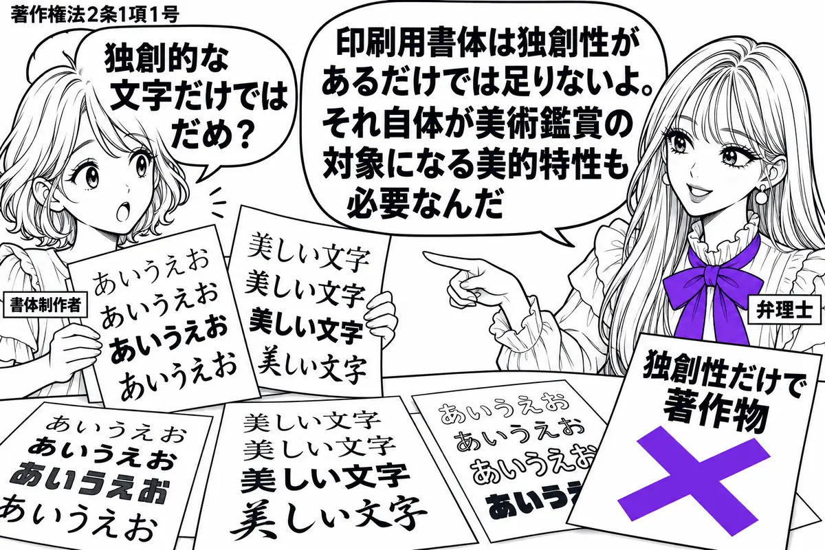 先生が弁理士役(札「弁理士」)で右の相談席。左に書体見本を広げる女性(札「書体制作者」)。机に並ぶ文字の見本の横に「独創性だけで著作物」と書いた付箋を置き、そこにヴァイオレットの×印。先生の吹き出し「印刷用書体は独創性があるだけでは足りない