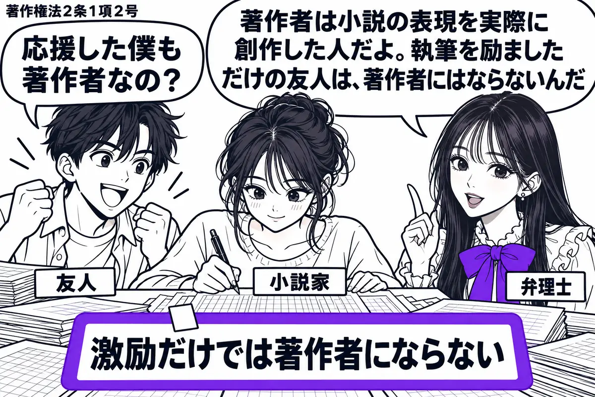 先生が弁理士役(札「弁理士」)で右に立つ。中央に原稿を書く女性(札「小説家」)、左に拳を握って応援する男性(札「友人」)。机の小説原稿に添えた付箋「激励だけでは著作者にならない」をヴァイオレットの枠で囲む。先生の吹き出し「著作者は小説の表現