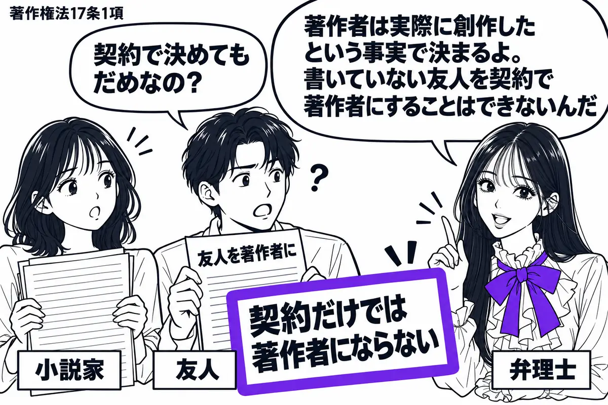 先生が弁理士役(札「弁理士」)で右に立つ。左に原稿を持つ女性(札「小説家」)と契約書を持つ男性(札「友人」)。契約書には短く「友人を著作者に」とあり、隣の付箋「契約だけでは著作者にならない」をヴァイオレットの枠で囲む。先生の吹き出し「著作者