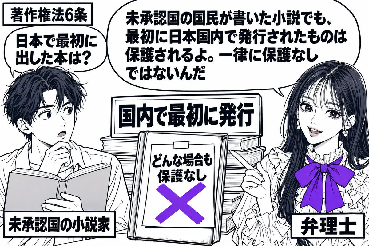 先生が弁理士役（札「弁理士」）で右。左に本を持つ男性（札「未承認国の小説家」）、中央に刷り上がった小説と「国内で最初に発行」の札。本に貼った付箋「どんな場合も保護なし」にヴァイオレットの×印。先生の吹き出し「未承認国の国民が書いた小説でも、