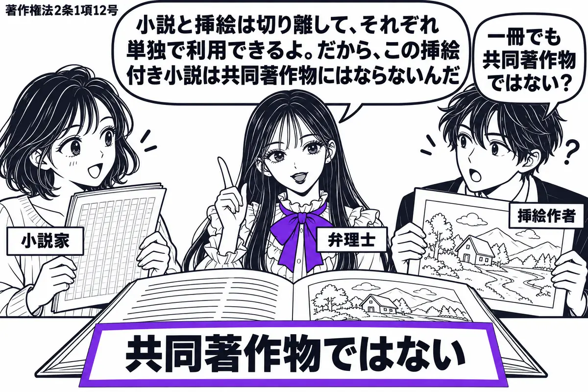 先生が弁理士役(札「弁理士」)で中央に立つ。左の女性(札「小説家」)は文章の原稿、右の男性(札「挿絵作者」)は挿絵の原画を持つ。机に挿絵付き小説を開き、付箋「共同著作物ではない」をヴァイオレットの枠で囲む。先生の吹き出し「小説と挿絵は切り離