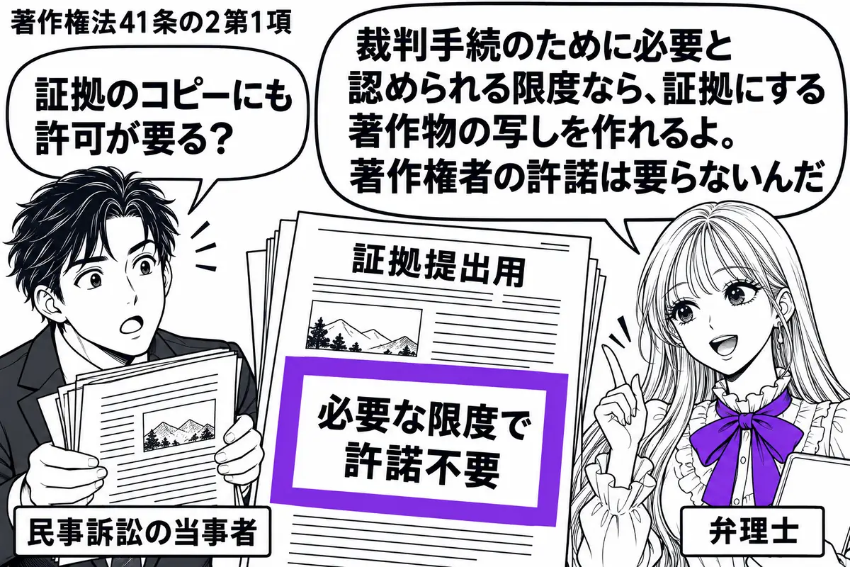 先生が弁理士役（札「弁理士」）で右の相談席。左に資料の写しを差し出す男性（札「民事訴訟の当事者」）。中央に「証拠提出用」の書類を置き、その付箋「必要な限度で許諾不要」をヴァイオレットの枠で囲む。先生の吹き出し「裁判手続のために必要と認められ
