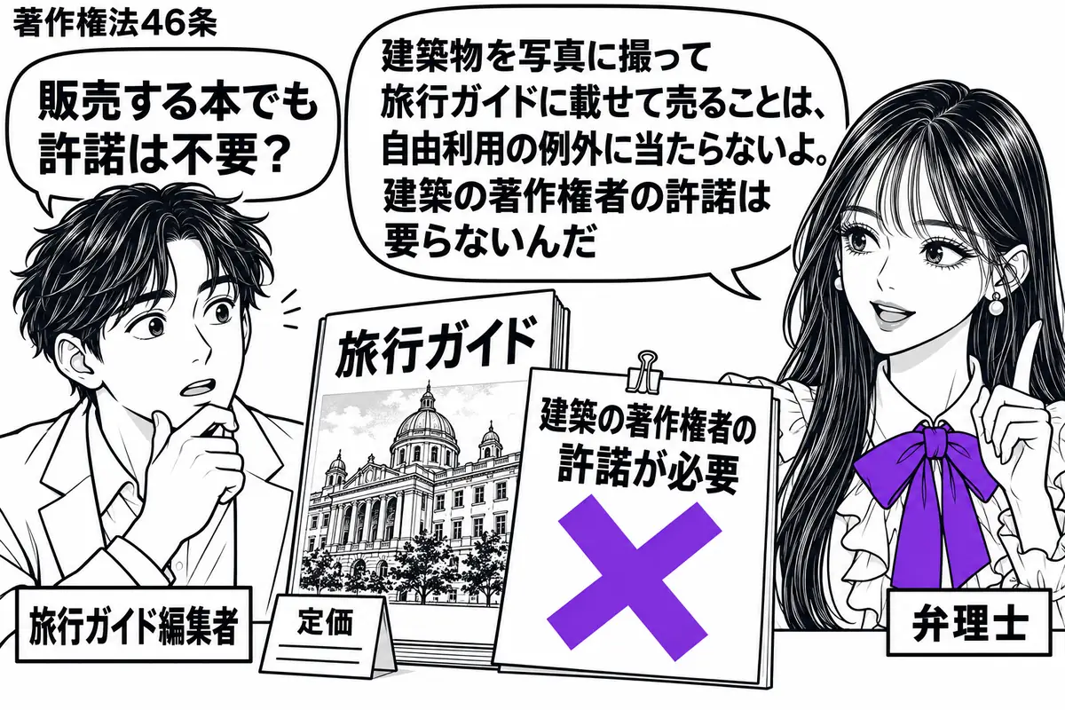 先生が弁理士役（札「弁理士」）で右に立つ。左の男性（札「旅行ガイド編集者」）が、建築物の写真を載せた旅行ガイドブックと値札を机に置く。本に貼った付箋「建築の著作権者の許諾が必要」に大きなヴァイオレットの×印。先生の吹き出し「建築物を写真に撮