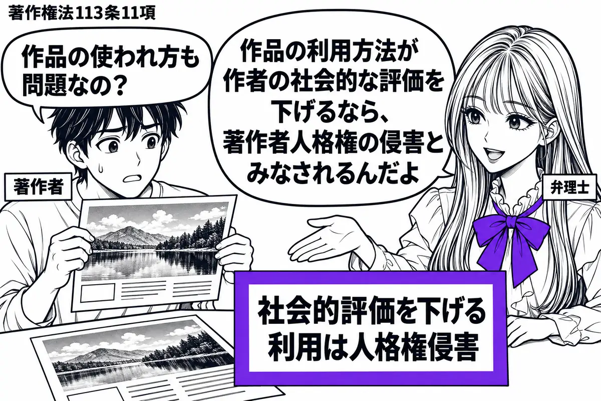 先生が右で相談を受ける弁理士役(札「弁理士」)。左に自分の写真作品が載った悪質な広告を持つ人物(札「著作者」)。中央の机に広告を広げ、その横の付箋「社会的評価を下げる利用は人格権侵害」をヴァイオレットの枠で囲む。先生の吹き出し「作品の利用方