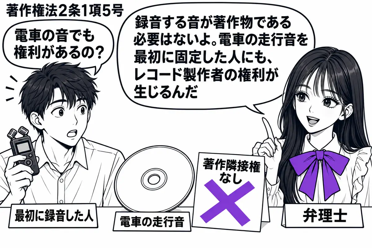 先生が弁理士役(札「弁理士」)で右。左に線路脇で使った録音機を持つ男性(札「最初に録音した人」)。机に「電車の走行音」の音源ディスクを置き、付箋「著作隣接権なし」にヴァイオレットの×印。先生の吹き出し「録音する音が著作物である必要はないよ。