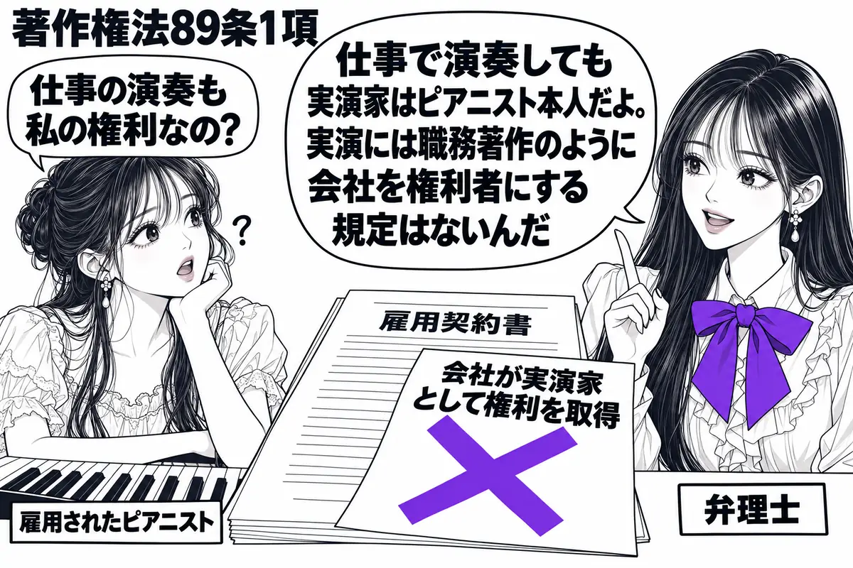 先生が右で相談を受ける弁理士役(札「弁理士」)。左にピアノの前に座る人物(札「雇用されたピアニスト」)。机に雇用契約書を置き、付箋「会社が実演家として権利を取得」にヴァイオレットの×印。先生の吹き出し「仕事で演奏しても実演家はピアニスト本人