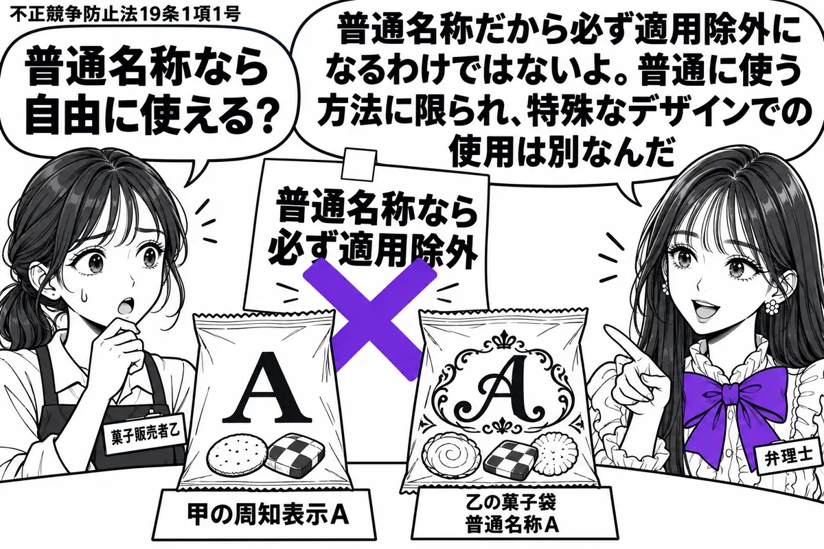 先生が右で包装を比べる弁理士役(札「弁理士」)。左に人物(札「菓子販売者乙」)。机に甲の周知表示Aと、普通名称Aを特殊な飾り文字にした乙の菓子袋を並べる。付箋「普通名称なら必ず適用除外」にヴァイオレットの×印。先生の吹き出し「普通名称だから