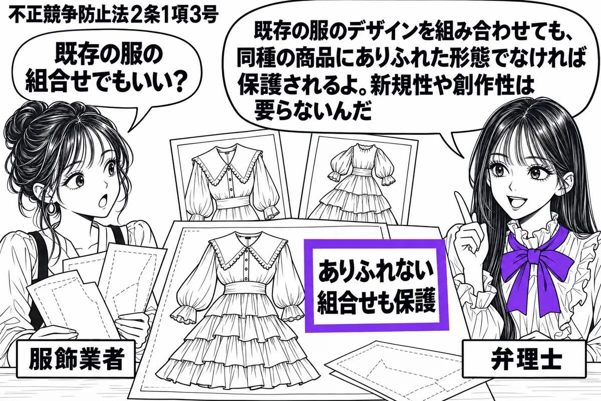 先生が弁理士役(札「弁理士」)で右。左に型紙を持つ女性(札「服飾業者」)。机の奥に既存の服の写真を二枚、手前に両方の特徴を組み合わせた服の図面。図面の付箋「ありふれない組合せも保護」をヴァイオレットの枠で囲む。先生の吹き出し「既存の服のデザ