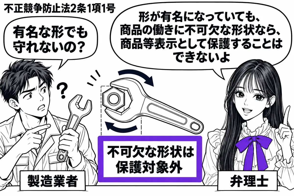 先生が机の右で弁理士役(札「弁理士」)。左に特徴的な工具を持つ男性(札「製造業者」)、中央に工具の形と働きを示す図面。図面に添えた「不可欠な形状は保護対象外」の付箋をヴァイオレットの枠で囲む。男性は自社の工具を指さして首をかしげている。先生