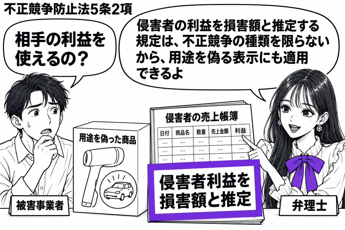 先生が机の右で弁理士役（札「弁理士」）。左に困った男性（札「被害事業者」）。中央に用途を偽った商品箱と侵害者の売上帳簿があり、帳簿に添えた「侵害者利益を損害額と推定」の付箋をヴァイオレットの枠で囲む。先生は利益の欄を指して説明する。先生の吹
