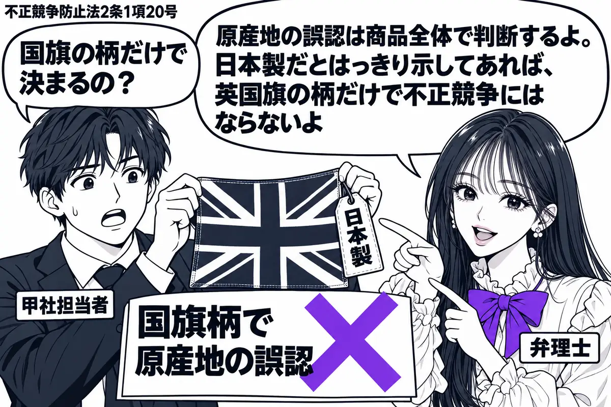 先生が売場の右で弁理士役(札「弁理士」)。左の男性(札「甲社担当者」)が英国旗柄のハンカチを広げ、端の「日本製」のタグを見せる。商品横の「国旗柄で原産地の誤認」の付箋にヴァイオレットの×印。先生は柄とタグを一緒に指さす。先生の吹き出し「原産