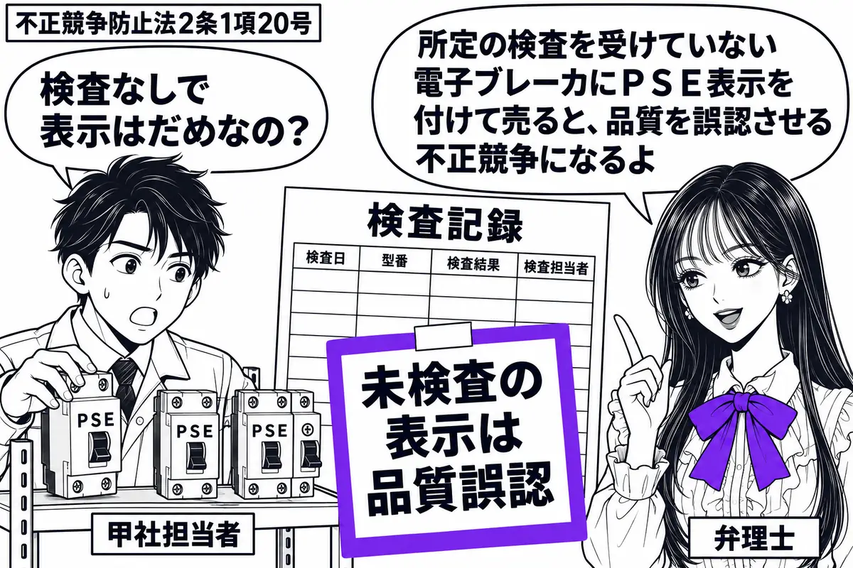 先生が売場の右で弁理士役(札「弁理士」)。左の男性(札「甲社担当者」)がPSE表示のある電子ブレーカを棚に並べる。中央に空欄の検査記録を置き、「未検査の表示は品質誤認」の付箋をヴァイオレットの枠で囲む。先生の吹き出し「所定の検査を受けていな
