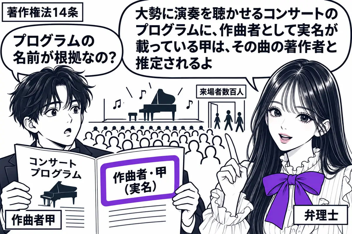 先生が舞台袖の右で弁理士役（札「弁理士」）。左の甲（札「作曲者甲」）がコンサートのプログラムを開く。奥にはピアノと客席の略図、入口に「来場者数百人」の札。プログラムの「作曲者・甲（実名）」の欄をヴァイオレットの枠で囲む。先生の吹き出し「大勢