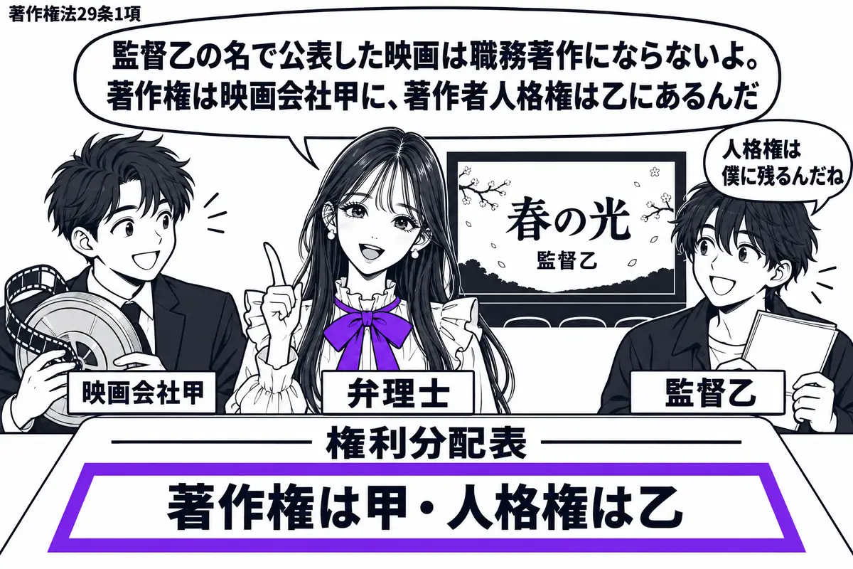 先生が弁理士役（札「弁理士」）で中央。左に映画のフィルム缶を持つ男性（札「映画会社甲」）、右に台本を抱える男性（札「監督乙」）。背後の上映画面には題名に続き「監督乙」。机の権利分配表の「著作権は甲・人格権は乙」を一つのヴァイオレットの枠で囲