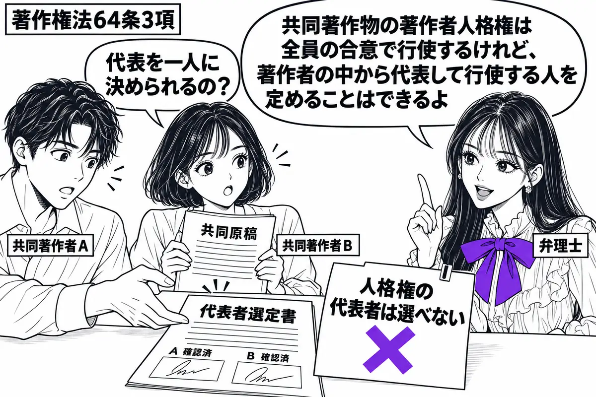 先生が弁理士役（札「弁理士」）で右。左に共同原稿を持つ男女（札「共同著作者Ａ」「共同著作者Ｂ」）。机には二人が確認した代表者選定書があり、Ａが受け取ろうとしている。脇の付箋「人格権の代表者は選べない」にヴァイオレットの×印。先生の吹き出し「