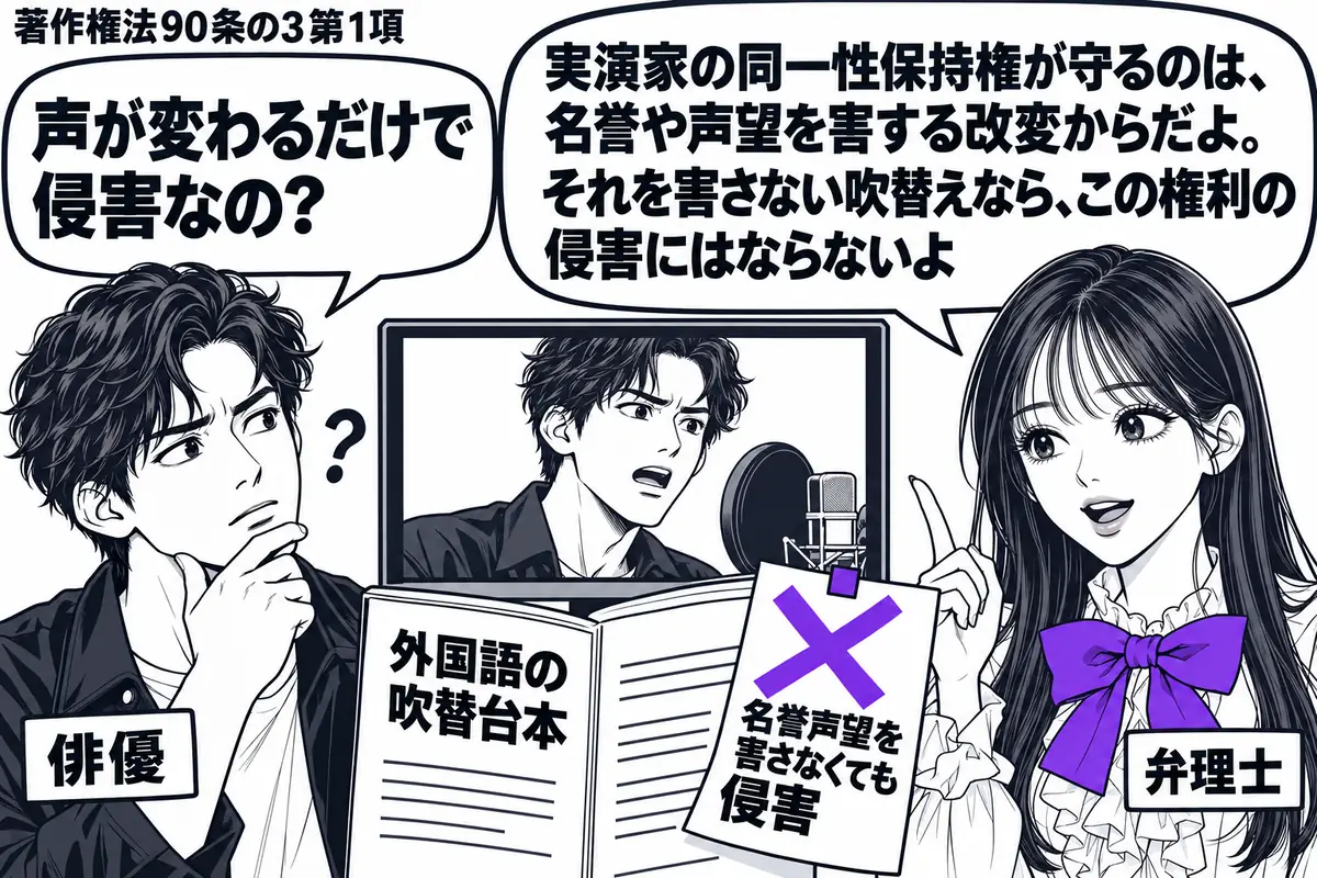 先生が弁理士役(札「弁理士」)で右に立つ。左に俳優(札「俳優」)、中央に演技映像のモニターと外国語の吹替台本。台本に付いた「名誉声望を害さなくても侵害」の付箋にヴァイオレットの×印。俳優は同じ演技の映像を見ながら首をかしげる。先生の吹き出し
