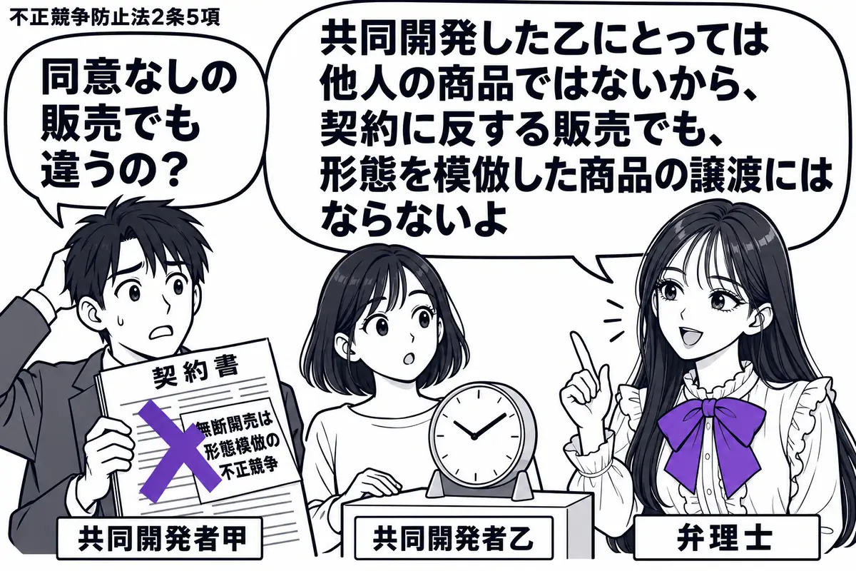 先生が弁理士役(札「弁理士」)で右に立つ。左に契約書を握る男性(札「共同開発者甲」)、中央に共同開発した置時計を売り台に置く女性(札「共同開発者乙」)。契約書の「無断販売は形態模倣の不正競争」の付箋にヴァイオレットの×印。先生の吹き出し「共