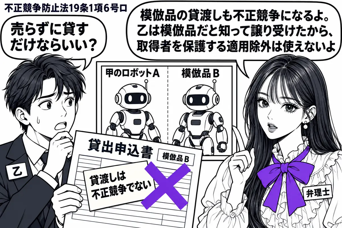 先生が弁理士役(札「弁理士」)で右に立つ。左にレンタル業者(札「乙」)、中央に甲のロボットAの写真と模倣品B。乙は模倣品だと知って仕入れたBの貸出申込書を持ち、その付箋「貸渡しは不正競争でない」にヴァイオレットの×印。先生の吹き出し「模倣品