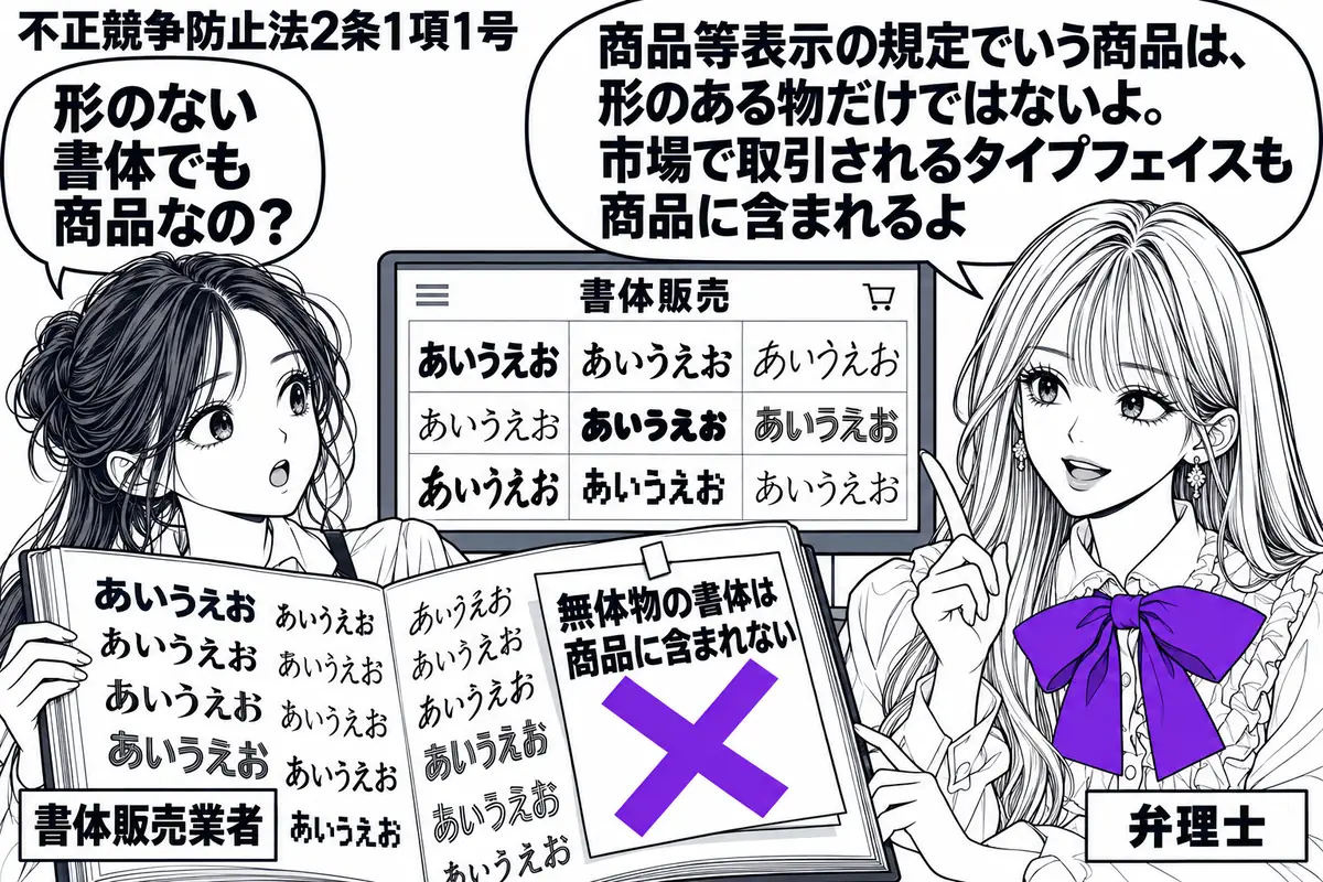 先生が弁理士役(札「弁理士」)で右に座る。左に書体の見本帳を開く女性(札「書体販売業者」)。中央の端末に書体の販売画面を映し、異なる字形を並べる。見本帳に貼った「無体物の書体は商品に含まれない」の付箋にヴァイオレットの×印。先生の吹き出し「