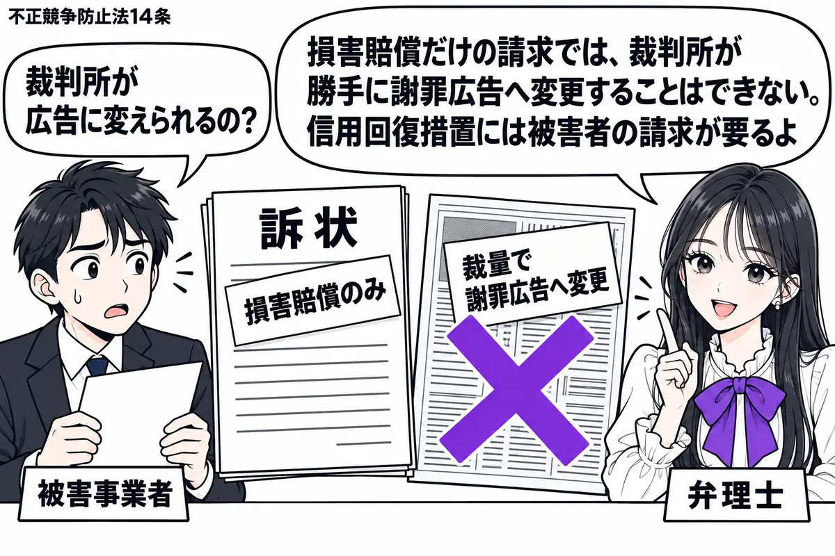 先生が右の相談机に立つ弁理士役（札「弁理士」）。左に訴状を持つ男性（札「被害事業者」）、中央に「損害賠償のみ」の付箋を付けた訴状。その横の新聞見本に貼った「裁量で謝罪広告へ変更」の付箋に大きなヴァイオレットの×印。先生の吹き出し「損害賠償だ