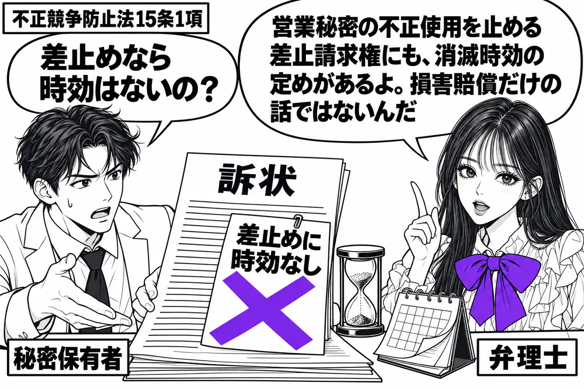 先生が机の右で説明する弁理士役（札「弁理士」）。左の男性（札「秘密保有者」）が、営業秘密の不正使用を止める訴状を机に広げる。脇に砂時計とめくれた暦を置き、訴状に貼った「差止めに時効なし」の付箋に大きなヴァイオレットの×印。先生の吹き出し「営