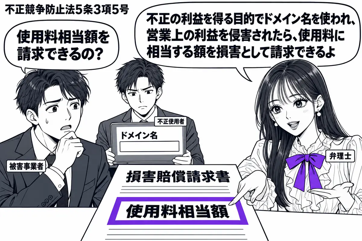 先生が右で請求書面を示す弁理士役(札「弁理士」)。左に男性(札「被害事業者」)、奥にパソコンを持つ男性(札「不正使用者」)。画面にはドメイン名の入力欄を描き、机上の損害賠償請求書の「使用料相当額」をヴァイオレットの枠で囲む。先生の吹き出し「