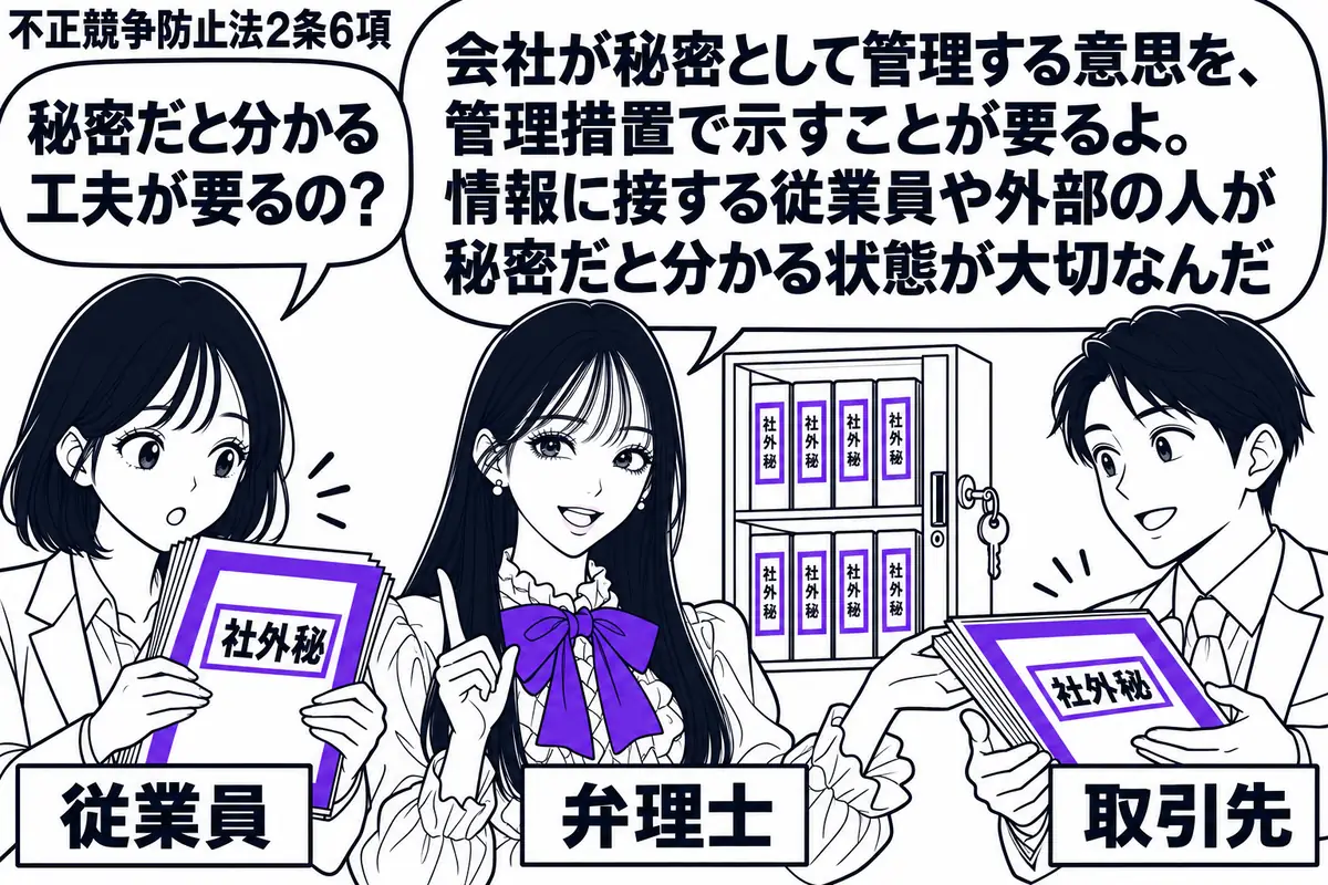 先生が中央の資料棚の横に立つ弁理士役(札「弁理士」)。左に資料を読む女性(札「従業員」)、右に同じ資料を受け取る男性(札「取引先」)。資料表紙の「社外秘」をヴァイオレットの枠で囲み、棚には鍵を描く。先生の吹き出し「会社が秘密として管理する意