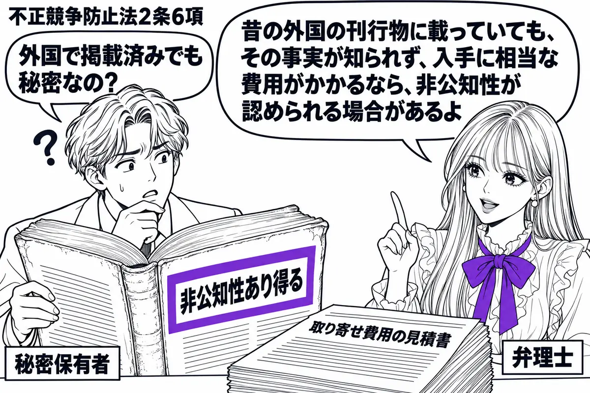 先生が右の閲覧机にいる弁理士役(札「弁理士」)。左に古い外国の刊行物を開く男性(札「秘密保有者」)。机には分厚い取り寄せ費用の見積書を置き、刊行物に添えた「非公知性あり得る」の札をヴァイオレットの枠で囲む。先生の吹き出し「昔の外国の刊行物に