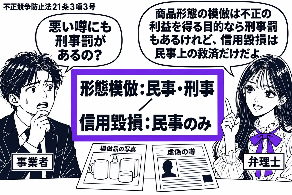 先生が右で相談を受ける弁理士役(札「弁理士」)。左に困り顔の男性(札「事業者」)、机に模倣品の写真と虚偽の噂を記した紙を並べる。中央の比較表の「形態模倣:民事・刑事/信用毀損:民事のみ」を一つのヴァイオレットの枠で囲む。先生の吹き出し「商品