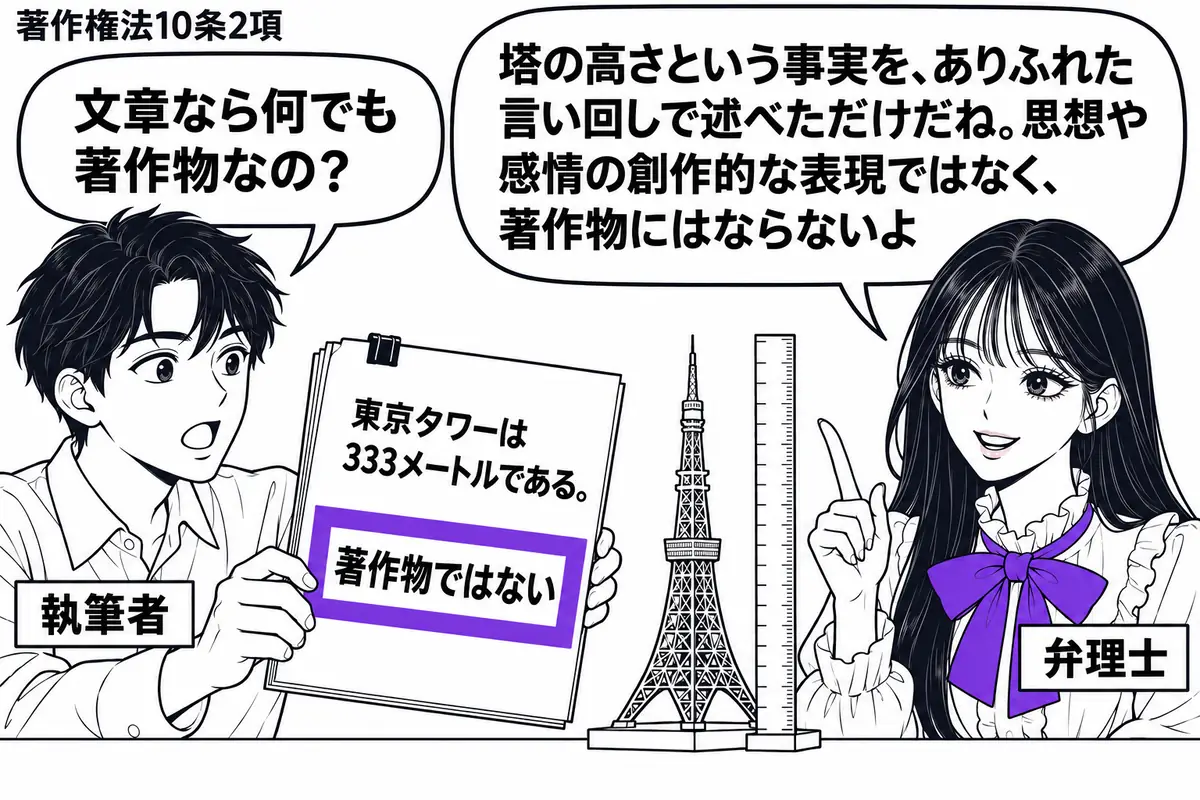 先生が弁理士役(札「弁理士」)で右側。左の男性(札「執筆者」)が「東京タワーは333メートルである。」と一文だけ書いた原稿を差し出す。机には高さを測る物差しを添えた塔の模型。原稿の「著作物ではない」という付箋をヴァイオレットの枠で囲む。先生
