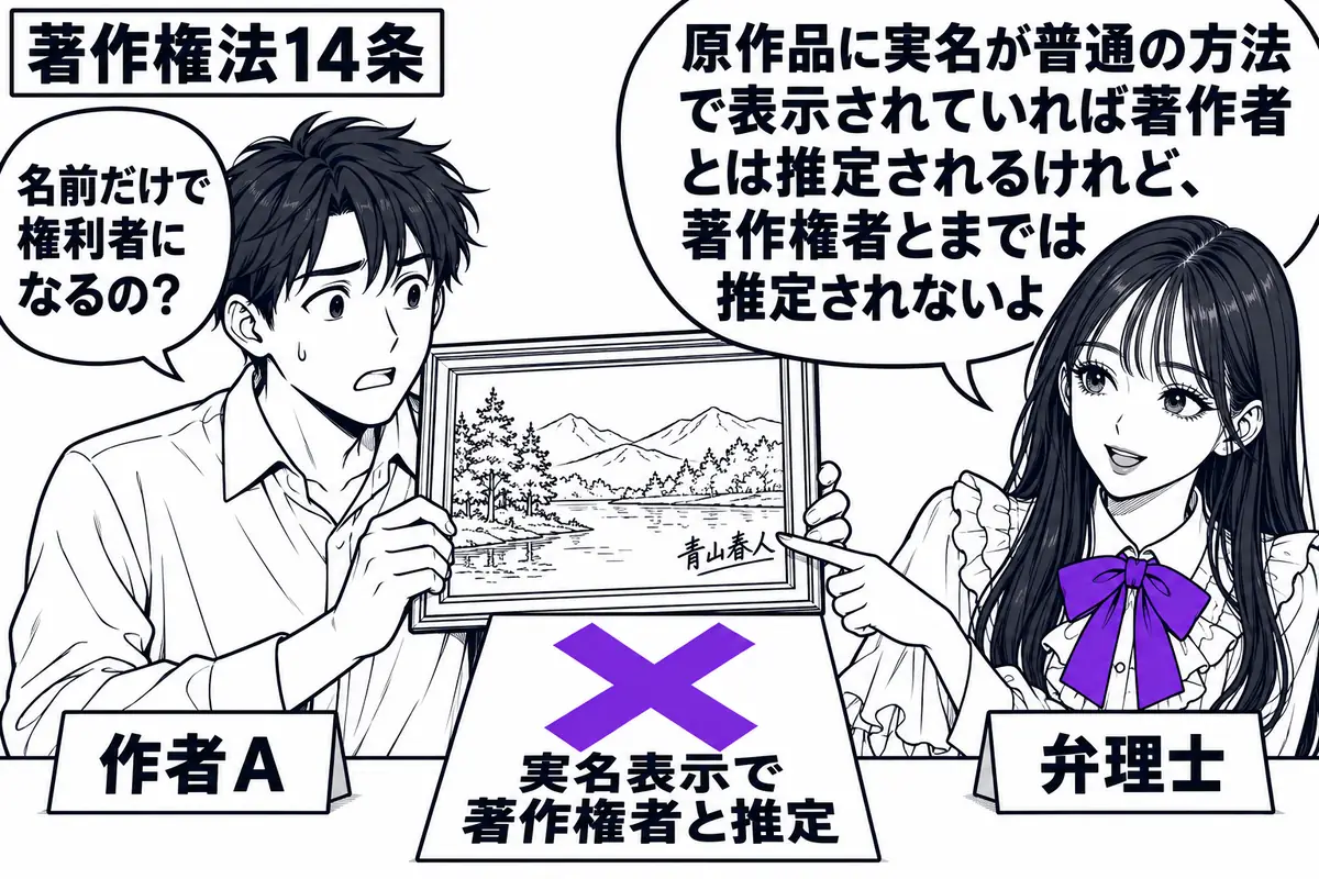 先生が右側の相談席で弁理士役（札「弁理士」）。左に絵画の原作品を持つ男性（札「作者Ａ」）、画面の隅には作者の実名。机の上の「実名表示で著作権者と推定」という付箋に大きなヴァイオレットの×印。先生は原作品の署名を指して説明する。先生の吹き出し