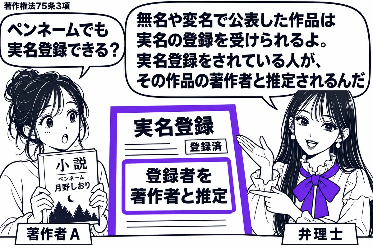 先生が右側の相談席で弁理士役（札「弁理士」）。左にペンネーム入りの小説を持つ女性（札「著作者Ａ」）。中央の机には実名登録を終えた書類があり、「登録者を著作者と推定」の欄をヴァイオレットの枠で囲む。先生は小説と登録書類を並べて示す。先生の吹き