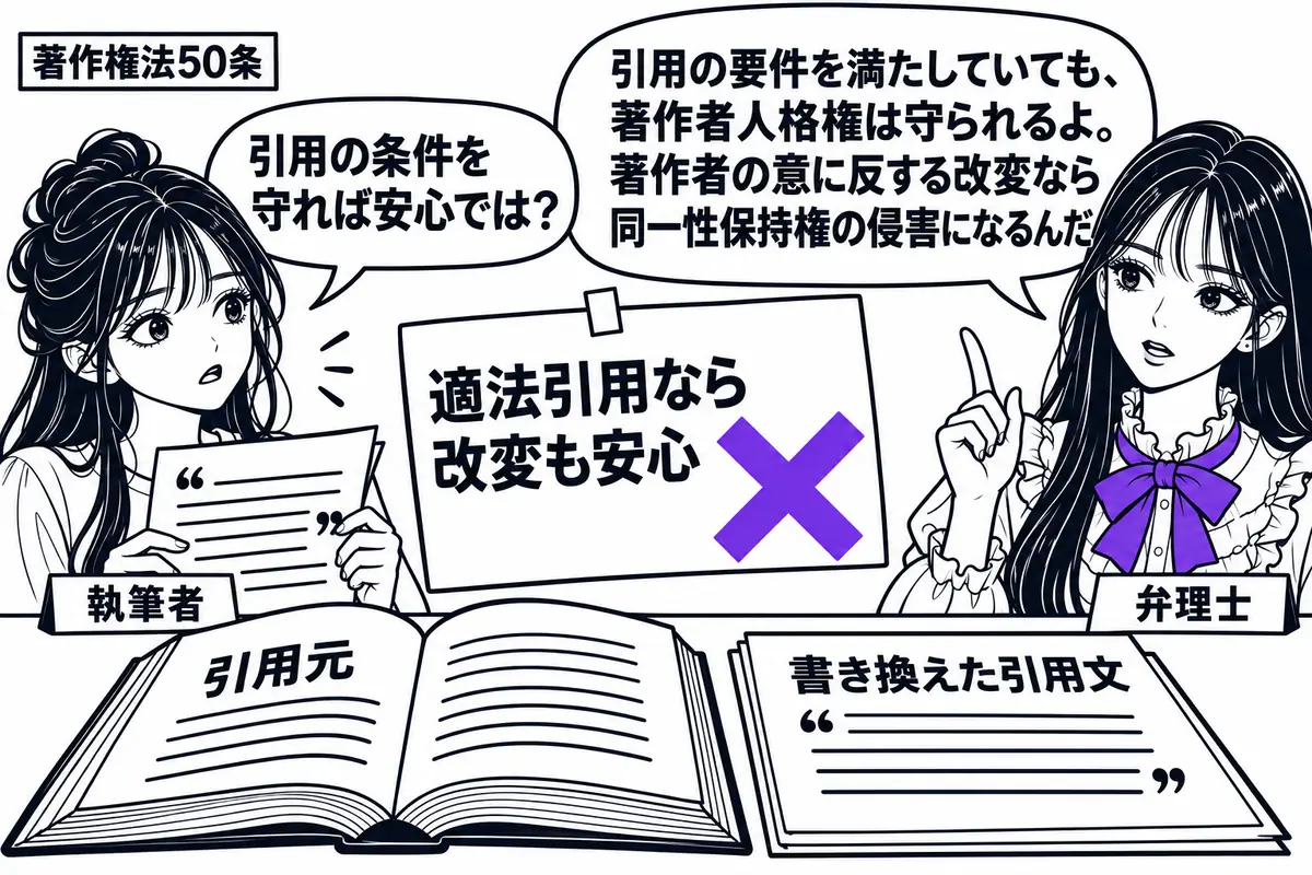 先生が右側の机で弁理士役(札「弁理士」)。左に引用を含む原稿を持った女性(札「執筆者」)。机には引用元の本と書き換えた引用文を並べ、「適法引用なら改変も安心」という付箋に大きなヴァイオレットの×印。先生の吹き出し「引用の要件を満たしていても
