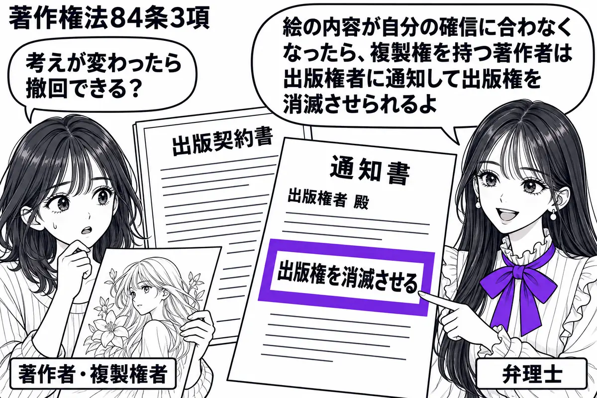 先生が右側の相談席で弁理士役（札「弁理士」）。左に自作の絵を見つめる女性（札「著作者・複製権者」）、中央に出版契約書と出版権者宛ての通知書。通知書の「出版権を消滅させる」という欄をヴァイオレットの枠で囲み、先生が女性に示す。先生の吹き出し「