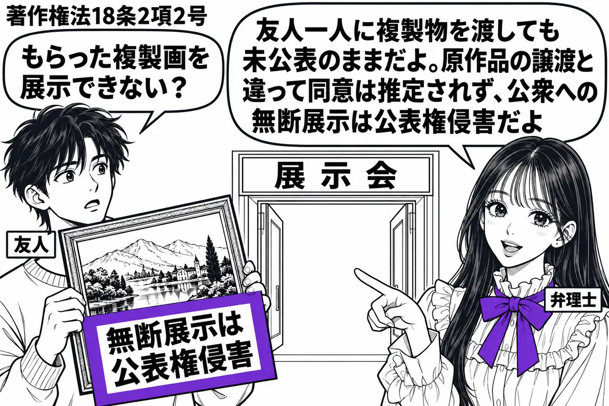 先生が右側で弁理士役(札「弁理士」)。左に額入りの複製画を持つ男性(札「友人」)、中央に展示会の入口を描いた案内図。複製画に添えた「無断展示は公表権侵害」の付箋をヴァイオレットの枠で囲む。先生は複製画を指して説明する。先生の吹き出し「友人一