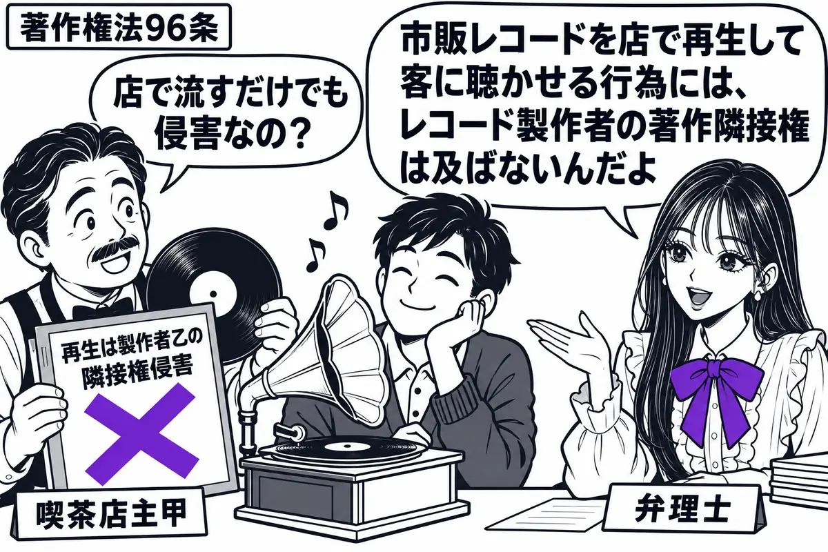 先生が右の相談机にいる弁理士役（札「弁理士」）。左にレコードを手にした店主（札「喫茶店主甲」）、中央に蓄音機と客の座るテーブル。レコードの袋に貼った「再生は製作者乙の隣接権侵害」の付箋に大きなヴァイオレットの×印。先生の吹き出し「市販レコー