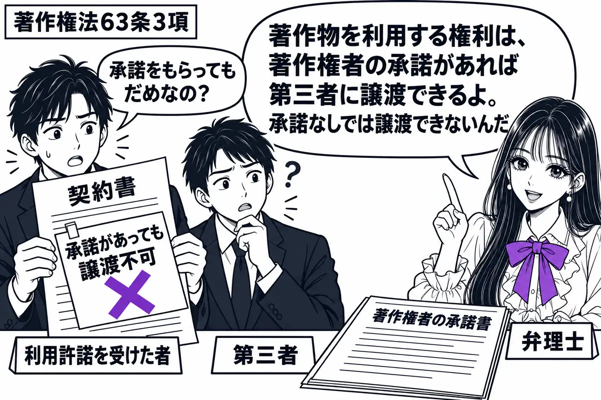 先生が右の机にいる弁理士役（札「弁理士」）。左に契約書を持つ男性（札「利用許諾を受けた者」）、隣に受取人（札「第三者」）。机に「著作権者の承諾書」を置き、契約書の「承諾があっても譲渡不可」の付箋にヴァイオレットの×印。先生の吹き出し「著作物