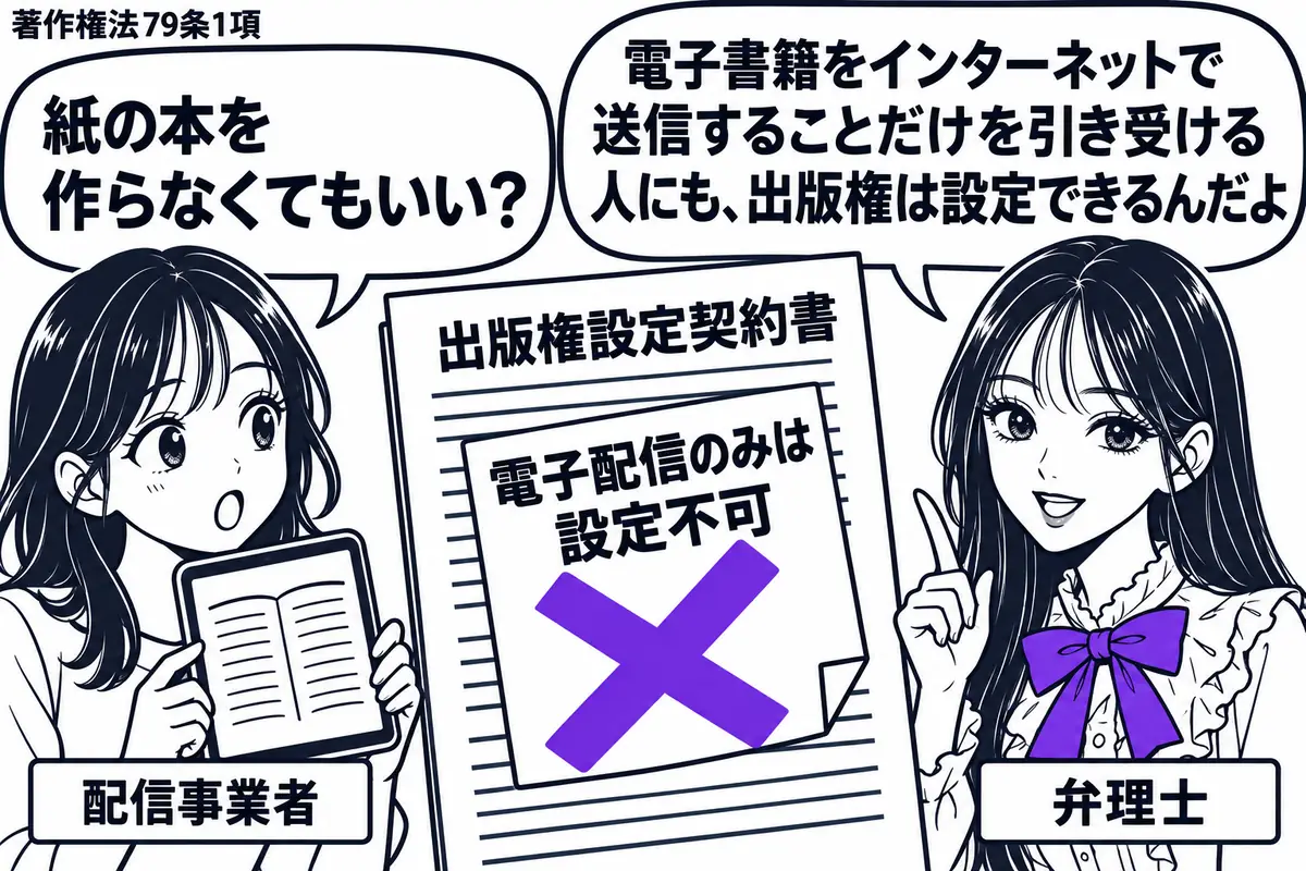 先生が右の相談机にいる弁理士役（札「弁理士」）。左に電子書籍を映した端末を持つ女性（札「配信事業者」）。中央に「出版権設定契約書」があり、「電子配信のみは設定不可」の付箋に大きなヴァイオレットの×印。先生の吹き出し「電子書籍をインターネット